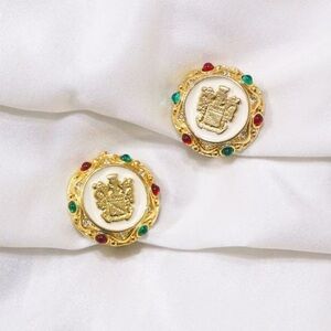 Vintage Paolo Gucci Clip On Earrings With Gold Center Crest and Colored Stones